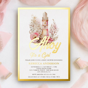 Invitation En Aluminium Baby Shower Fille Phare Floral Marin Doré