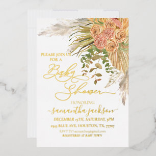 Invitation En Aluminium Baby Shower Floral Bohème Métallique à l'Herbe de