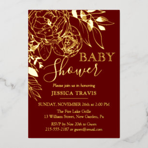 Invitation En Aluminium Baby shower floral moderne rouge foncé et or