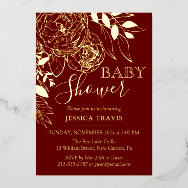 Invitation En Aluminium Baby shower floral moderne rouge foncé et or (Recto)