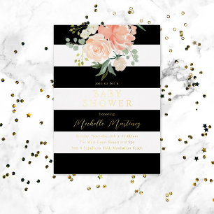 Invitation En Aluminium Baby shower floral noir blanc rayé Or