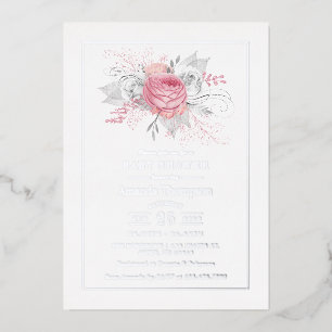 Invitation En Aluminium Baby shower floral rose, argenté et blanc