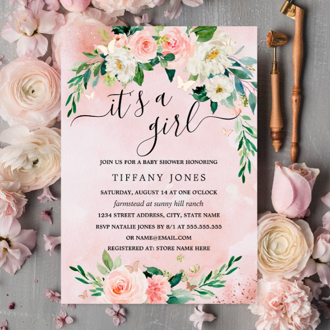 Invitation En Aluminium Baby shower floral rose-bleu rose OR FOIL (Créateur téléchargé)