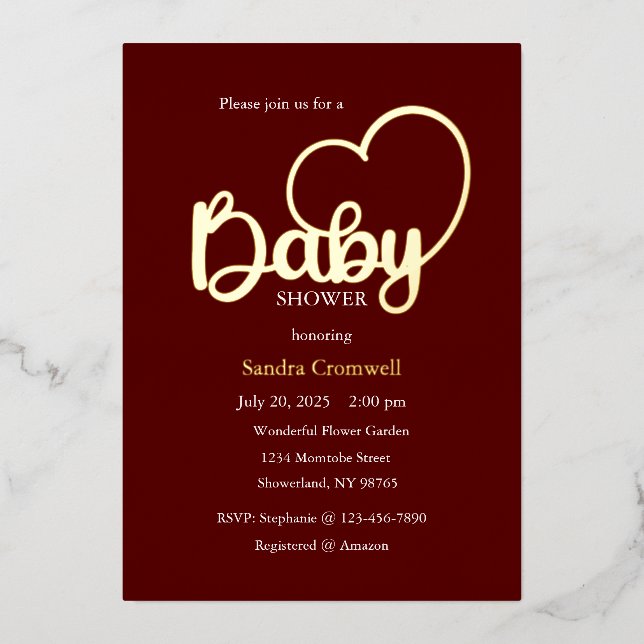 Invitation En Aluminium Baby shower Foil Invitation, Script, Coeur (Recto)