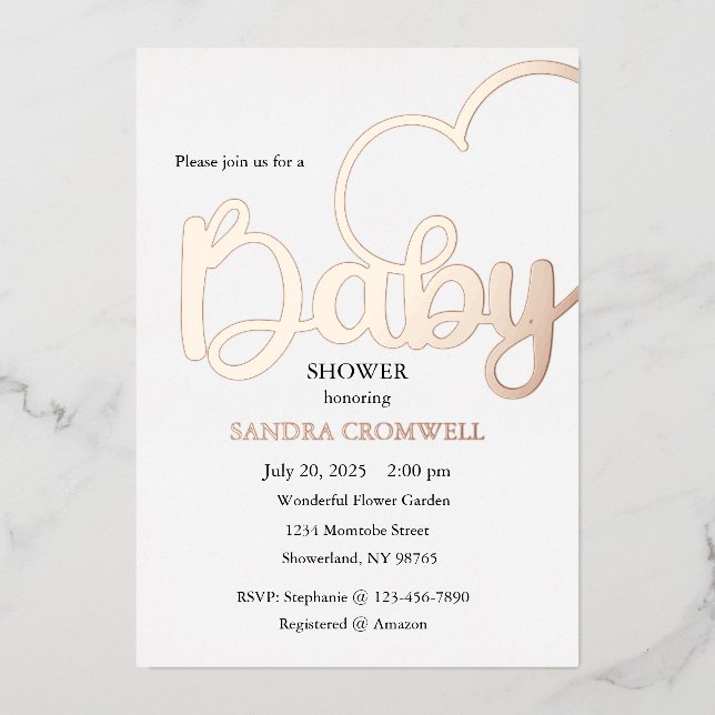 Invitation En Aluminium Baby shower Foil Invitation, Script, Coeur (Recto)
