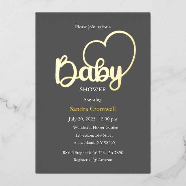 Invitation En Aluminium Baby shower Foil Invitation, Script, Coeur (Recto)
