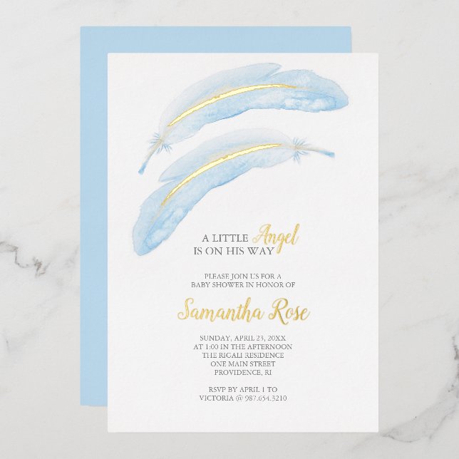 Invitation En Aluminium Baby shower Garçon aquarelle bleu plume (Recto/Verso)