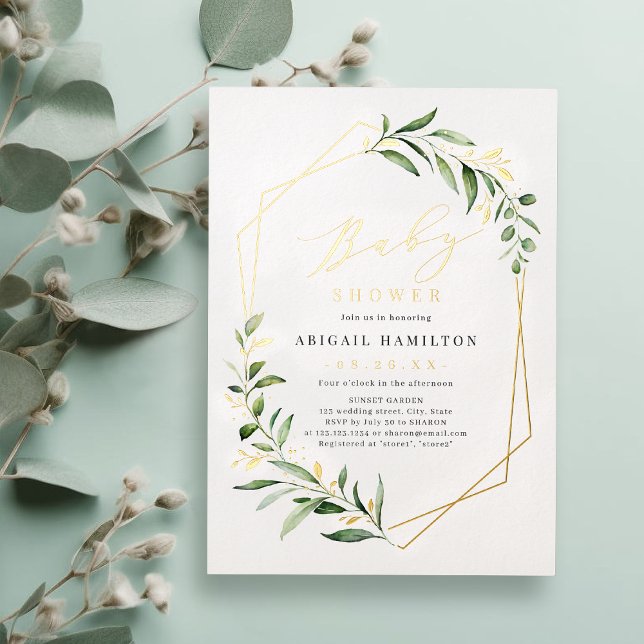 Invitation En Aluminium Baby shower Géométrique Géométrique Rustique Verte (Greenery Gold Geometric Rustic Baby Shower Foil In Foil Invitation)