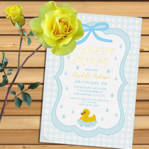 Invitation En Aluminium Baby-Shower Gingham Garçon aux Gouttelettes d'Eau
