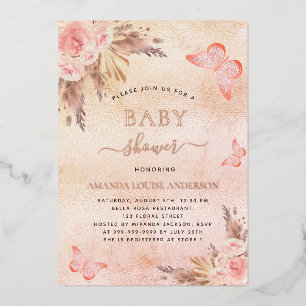 Invitation En Aluminium Baby shower herbe de la pampa rose papillon