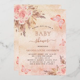 Invitation En Aluminium Baby shower herbe de pampa rose papillons