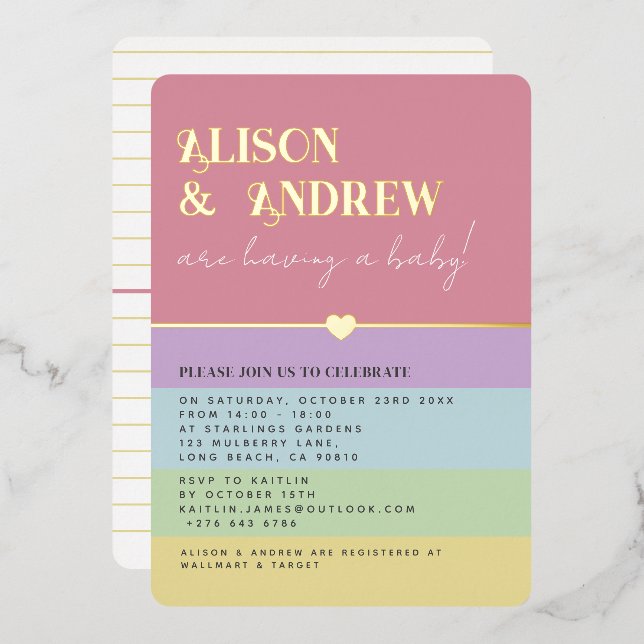 Invitation En Aluminium Baby shower moderne Rainbow et Gold Couple (Recto/Verso)