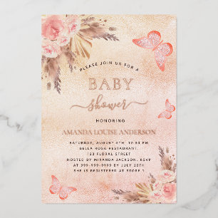 Invitation En Aluminium Baby shower pampas herbe rousse papillon