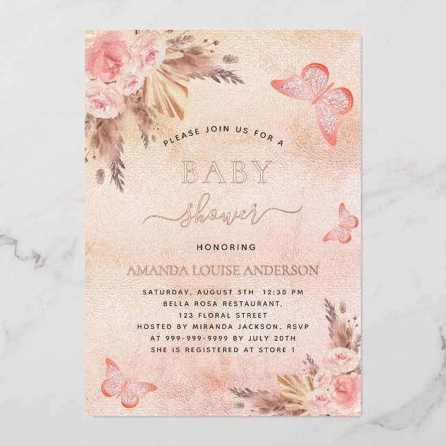Invitation En Aluminium Baby shower pampas herbe rousse papillon (Recto)