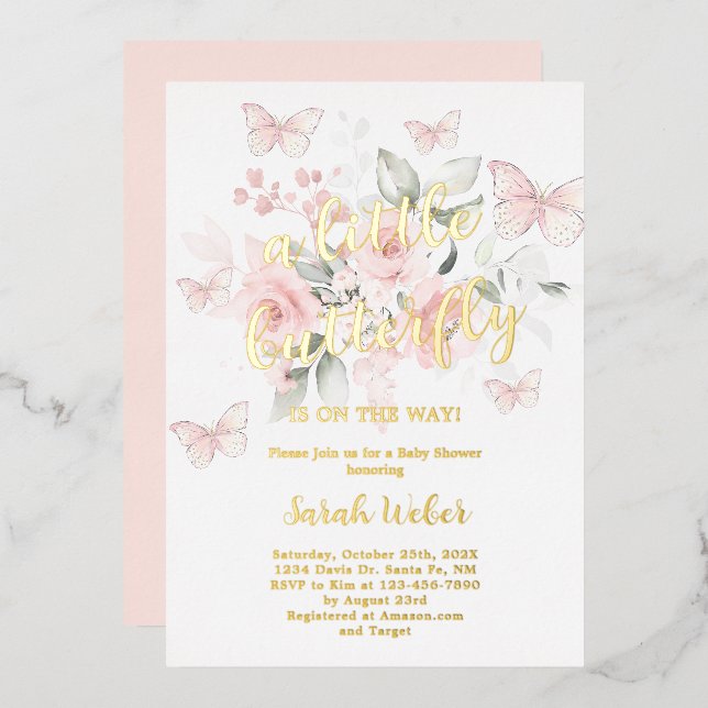 Invitation En Aluminium Baby shower papillon rose fille véritable huile (Recto/Verso)