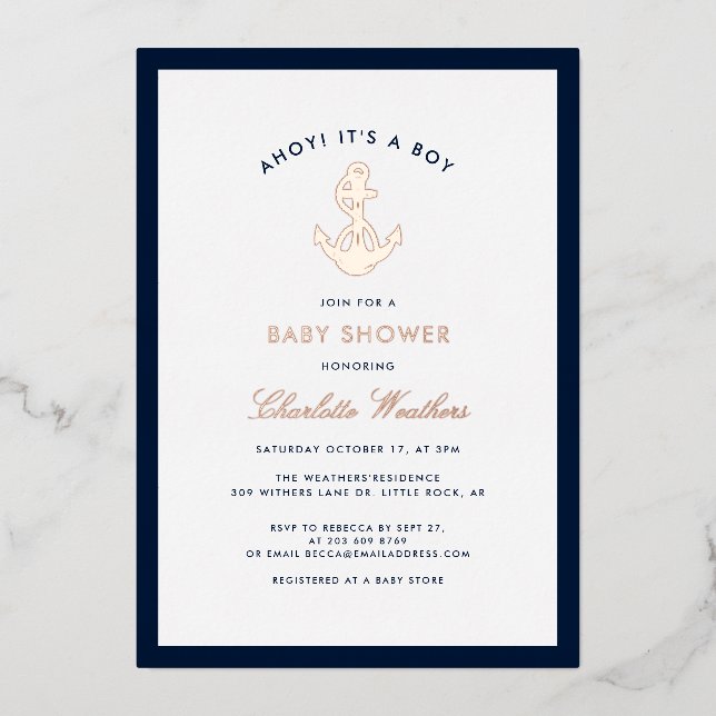 Invitation En Aluminium Baby shower pour Ancres nautiques (Recto)