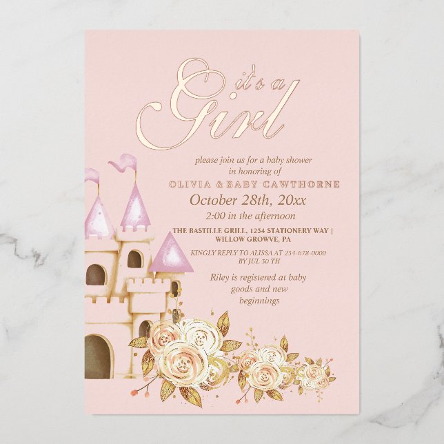 Invitation En Aluminium Baby shower Princess Gold & Pink Fairytale (Recto)