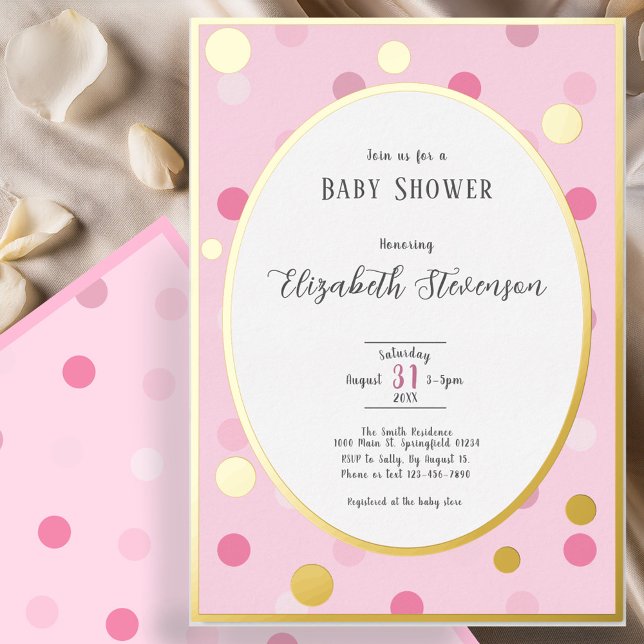 Invitation En Aluminium Baby Shower Rose Classique à Points Dorés (Créateur téléchargé)