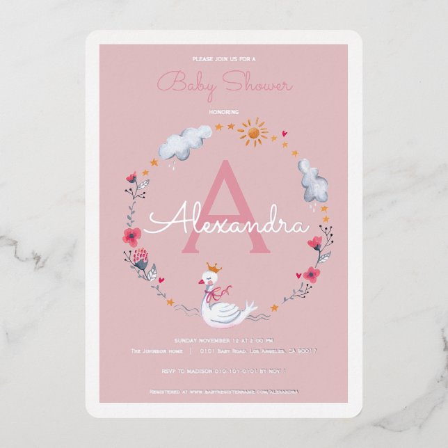 Invitation En Aluminium Baby shower rose cygne (Recto)