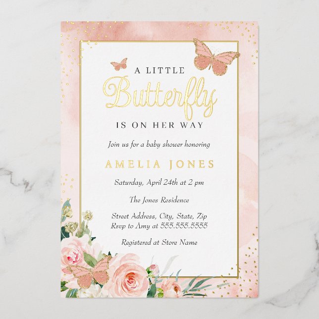 Invitation En Aluminium Baby shower rose floral petit papillon fille (Recto)