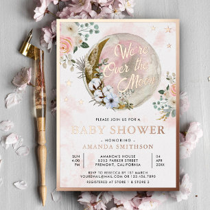 Invitation En Aluminium Baby Shower Rose Gold Fleurs Roses Au-Dessus De La