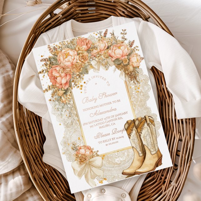Invitation En Aluminium Baby shower Rustic Country Peony Boots (Créateur téléchargé)