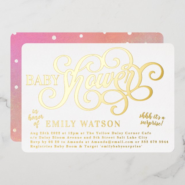 Invitation En Aluminium Baby shower Surprise moderne en or (Recto/Verso)