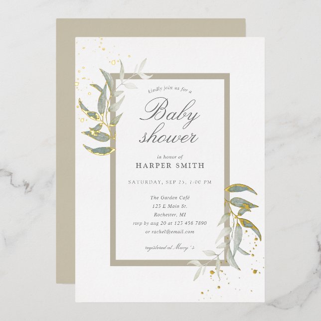 Invitation En Aluminium Baby shower vert et or bronzé (Recto/Verso)