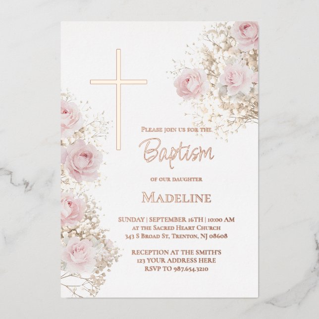 Invitation En Aluminium baby's breath and pink roses Baptism (Recto)