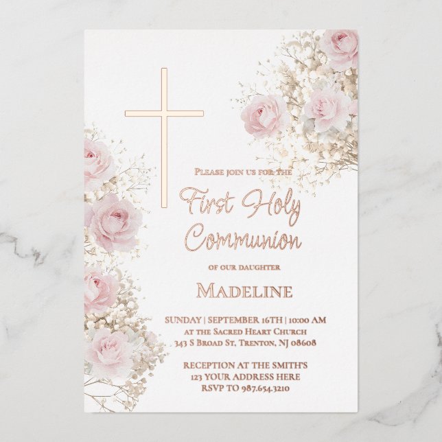 Invitation En Aluminium baby's breath and pink roses First Communion (Recto)