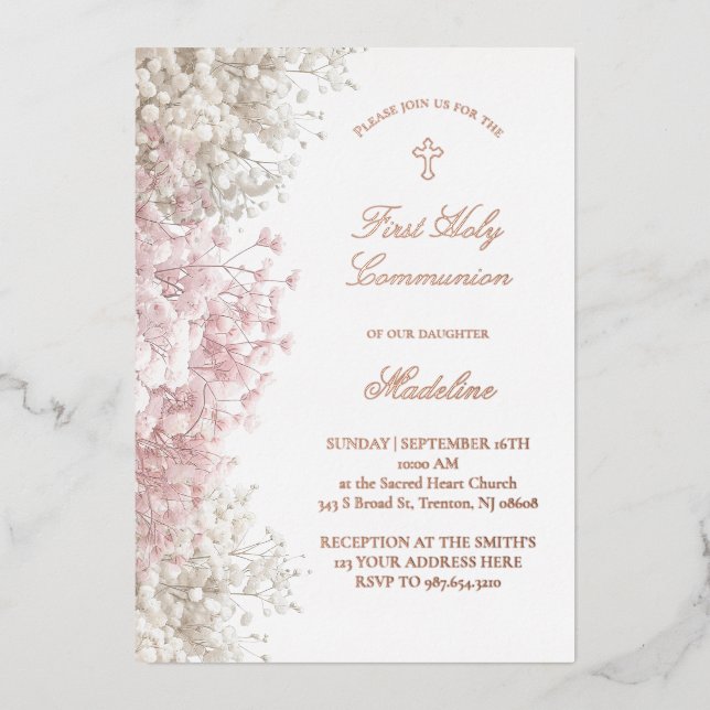 Invitation En Aluminium Baby's Breath flowers First Communion (Recto)