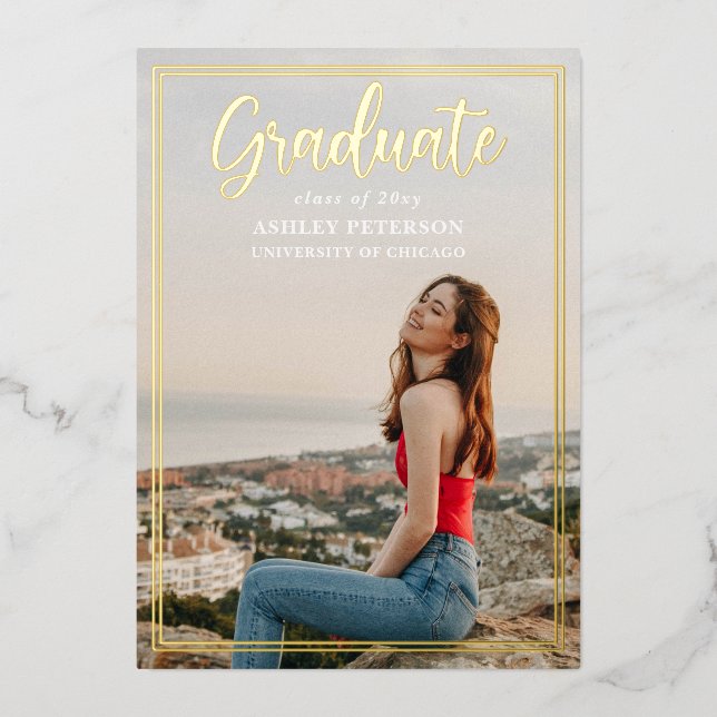 Invitation En Aluminium Baccalauréat simple en or avec script photo (Recto)