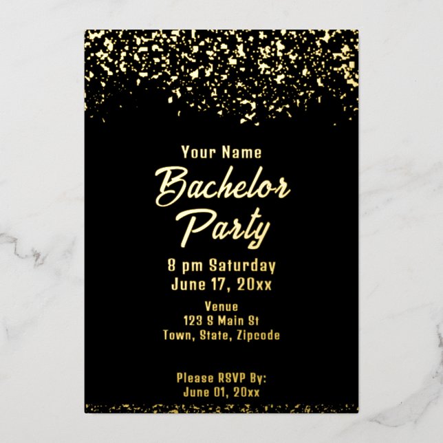 Invitation En Aluminium Bachelor Black and Gold Foil (Recto)