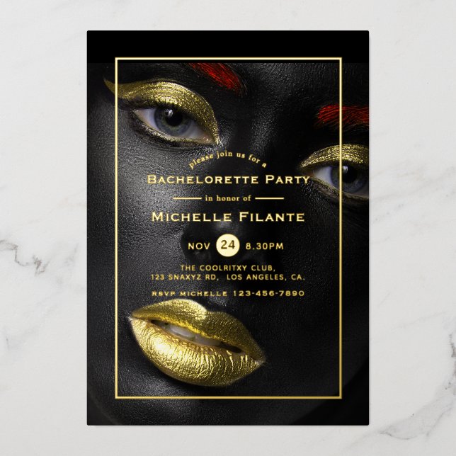 Invitation En Aluminium Bachelorette Noire et Or (Recto)