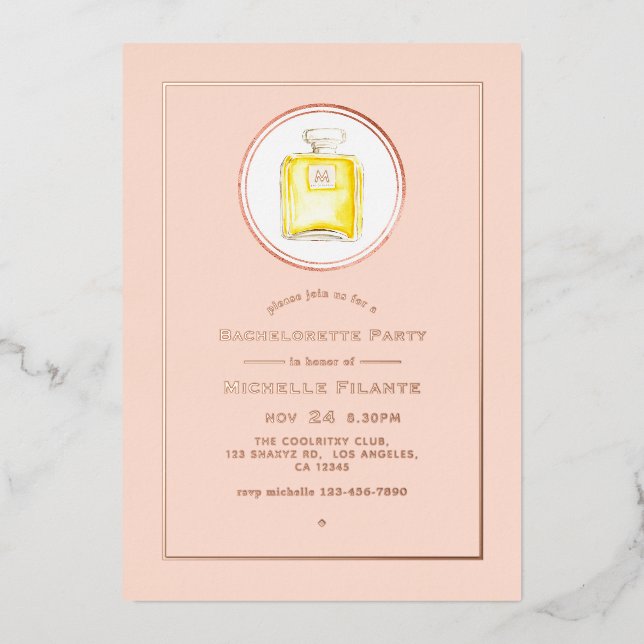 Invitation En Aluminium Bachelorette rose or et parfum rose pâle (Recto)