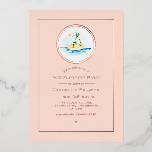 Invitation En Aluminium Bachelorette Tropicale rose Gold et Blush Pink (Recto)
