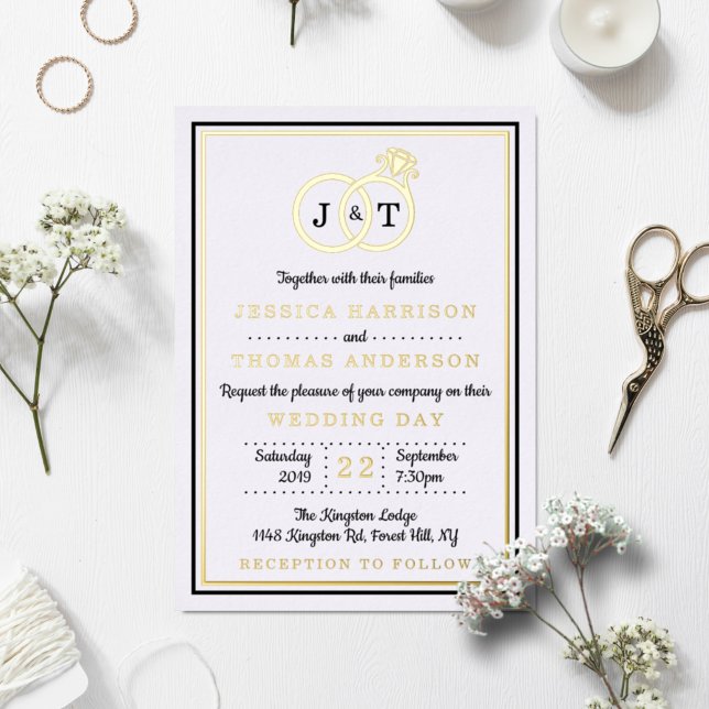Invitation En Aluminium Bagues de mariage à monogramme chic réelles (Créateur téléchargé)