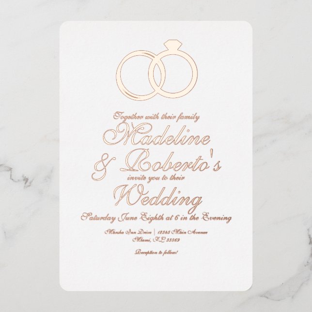 Invitation En Aluminium Bagues en or rose Pretty Script (Recto)