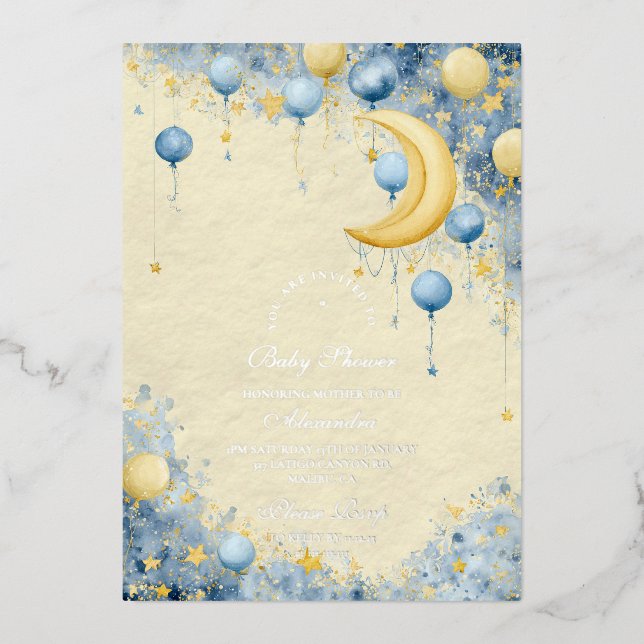 Invitation En Aluminium Baignée de bébé Lune et Étoiles Célestes (Recto)