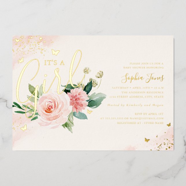 Invitation En Aluminium Bain de bébé fille Rose Or C'est Une Fille  (Recto)