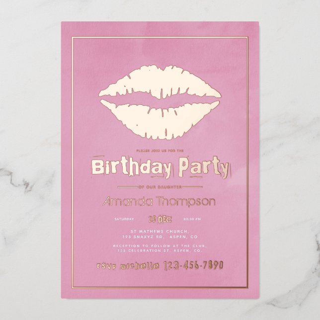 Invitation En Aluminium Baiser de lèvres d'anniversaire rose et or (Recto)
