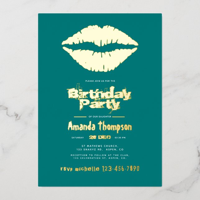 Invitation En Aluminium Baiser de lèvres d'anniversaire sarcelle et or (Recto)