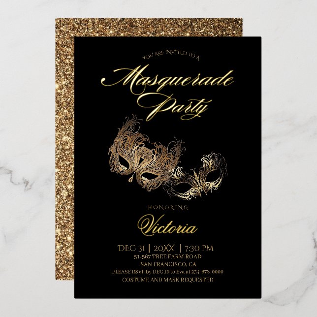 Invitation En Aluminium Bal de masques noir et or  (Recto/Verso)