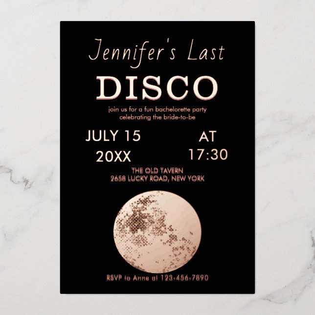 Invitation En Aluminium Balle de disco en or rose scintillant dernière dis (Recto)