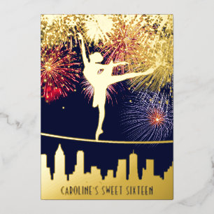 Invitation En Aluminium Ballerina Fireworks Skyline Sweet 16 Blue Gold