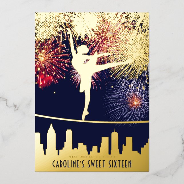 Invitation En Aluminium Ballerina Fireworks Skyline Sweet 16 Blue Gold (Recto)
