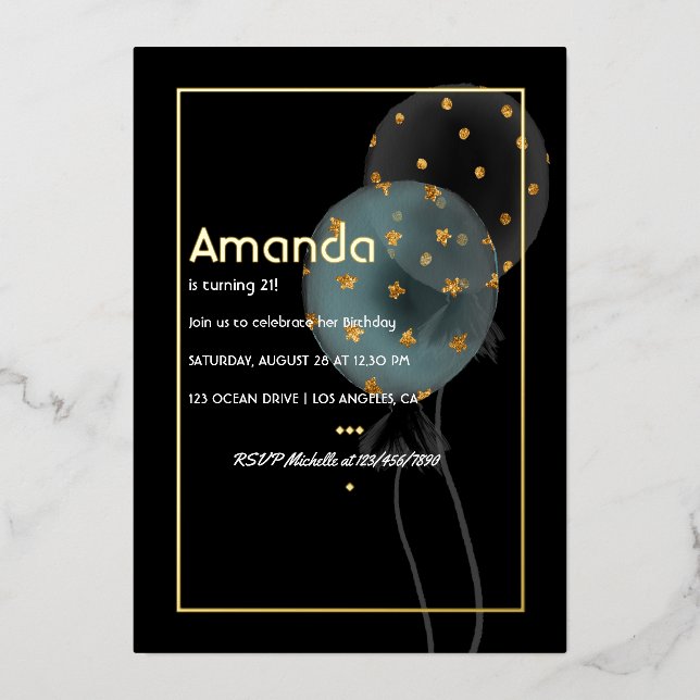 Invitation En Aluminium Ballons à huile d'or Anniversaire (Recto)