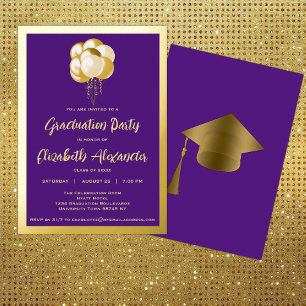 Invitation En Aluminium Ballons Dorés Fête de Remise de Diplômes Violette