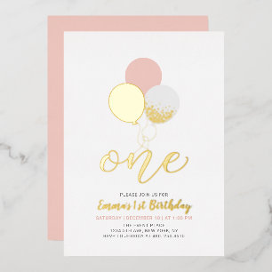 Invitation En Aluminium Ballons roses et or   Un 1er anniversaire pour fil