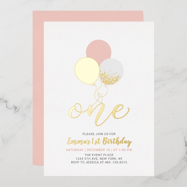 Invitation En Aluminium Ballons roses et or | Un 1er anniversaire pour fil (Recto/Verso)